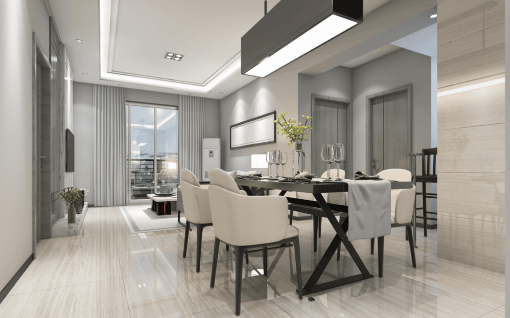 Comedor moderno reformado con diseño minimalista, iluminación integrada y acabados contemporáneos.